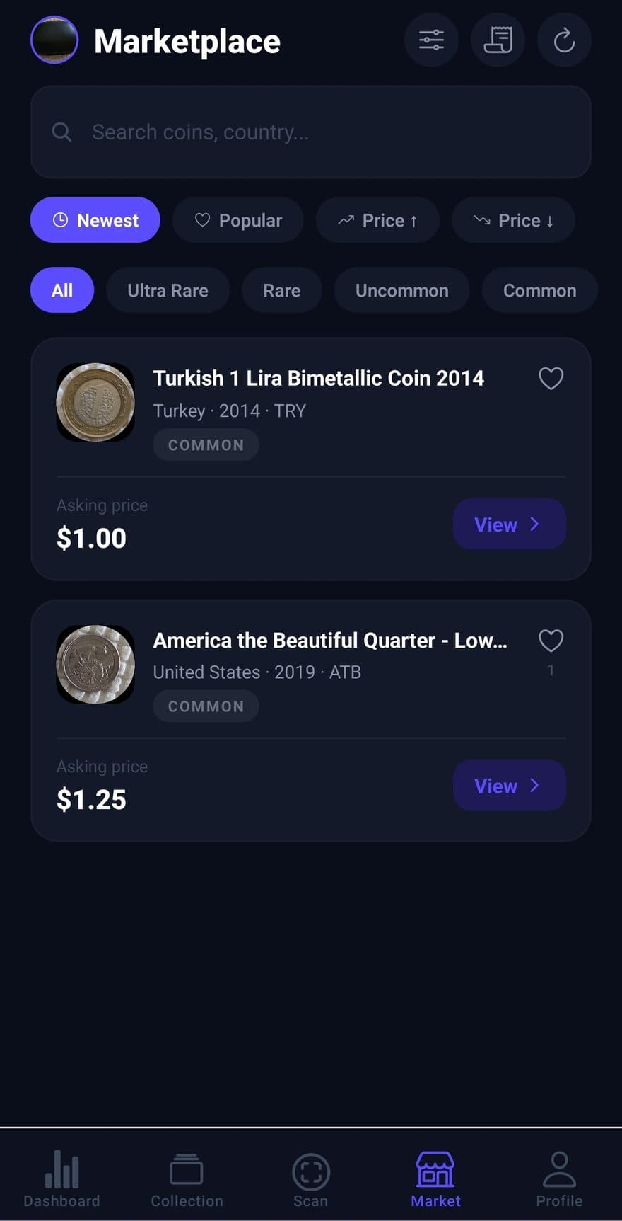 Aurent marketplace with coin listings and asking prices