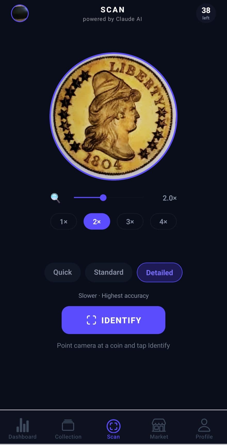 Aurent scan screen identifying a Jefferson nickel with the camera